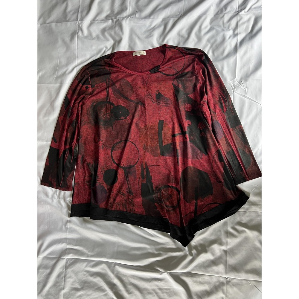 Jess & Jane‎ Shirt Womens 2X Red Black Abstract Print Long Sleeve Top Made USA - Picture 3 of 13